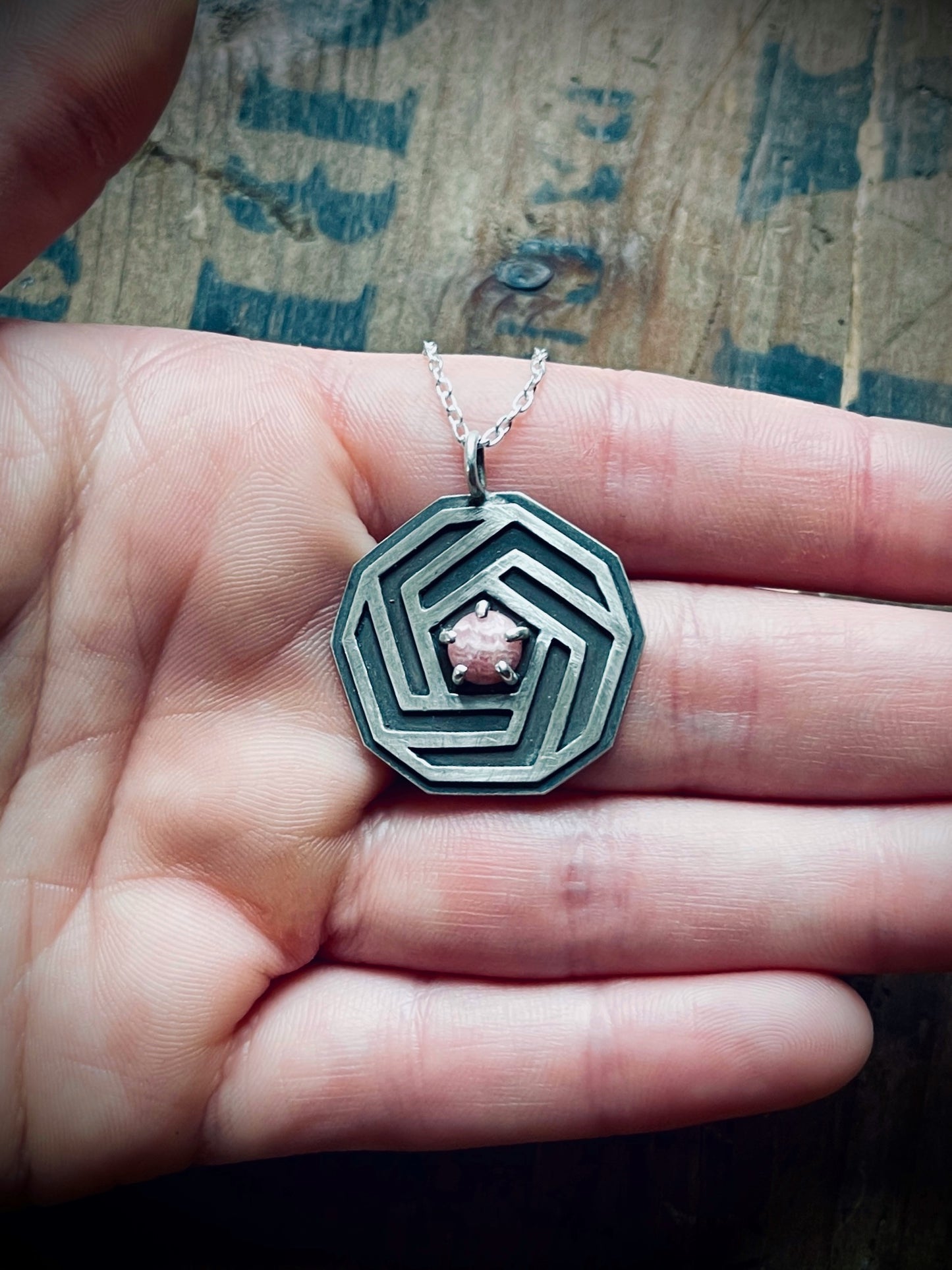 Sacred Geometry: Pentagon Rhodochrosite Pendant